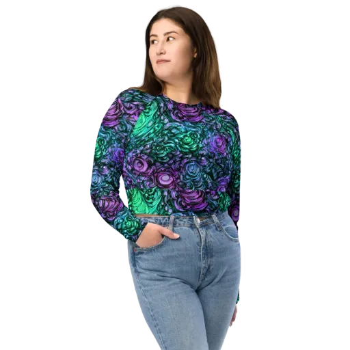 Neon Midnight Garden on a Long Sleeve Crop Top