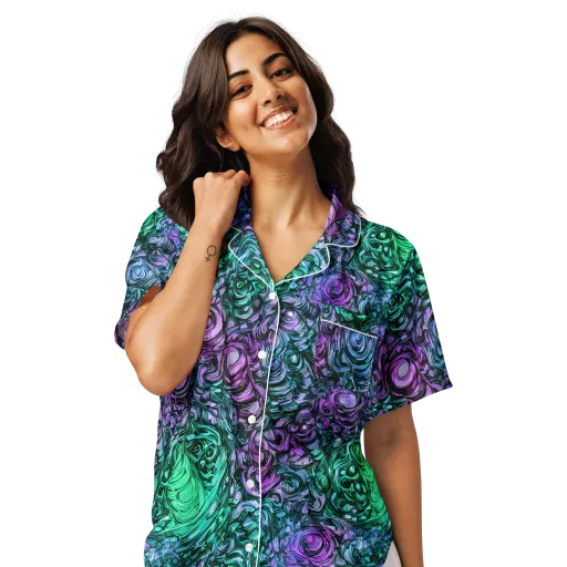 Neon Midnight Garden on a Women's Short Sleeve Pajama Top