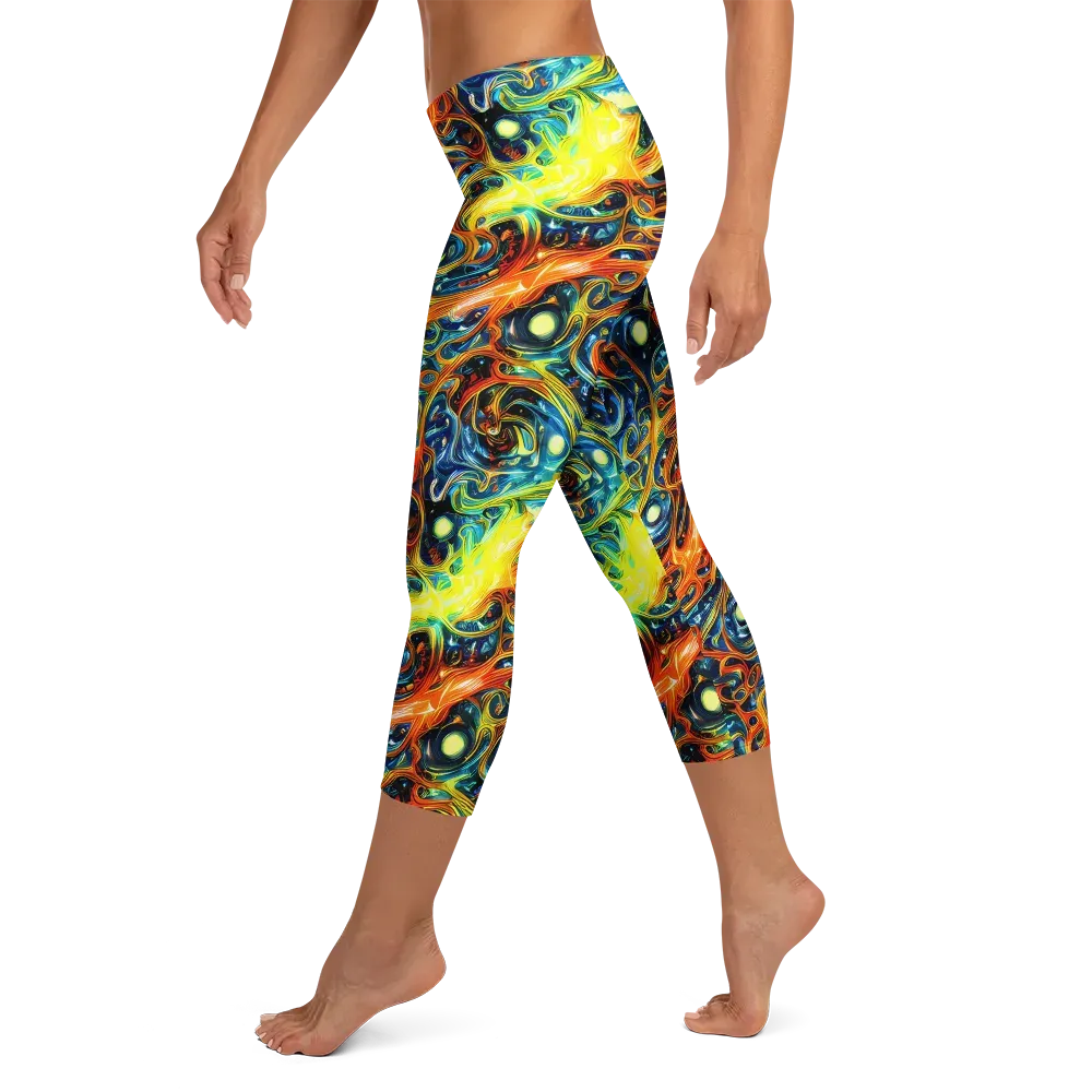 Blue Flame Field on Capri Leggings — Left