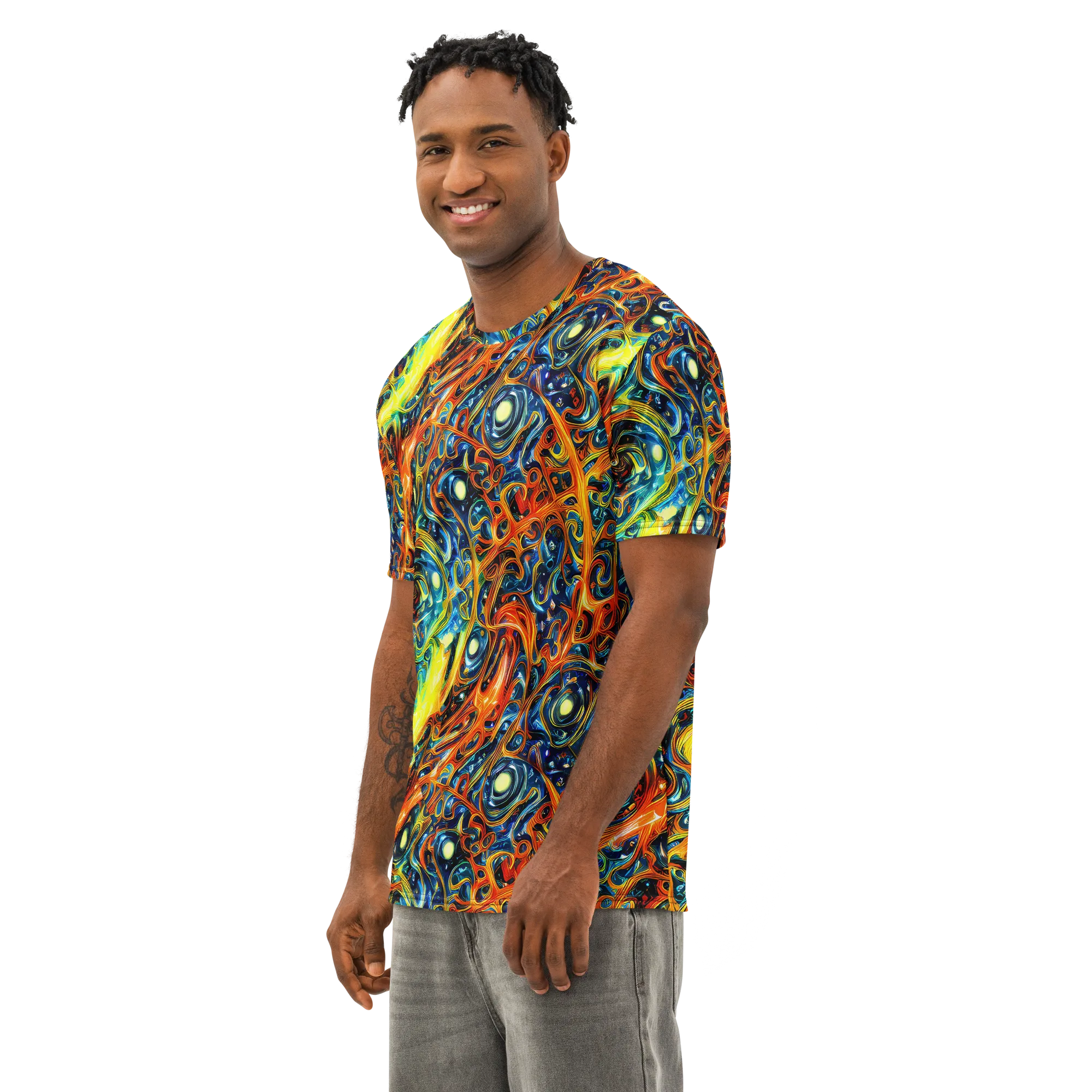 Blue Flame Field on Men's Cotton Crew Neck T-Shirt — Left Front
