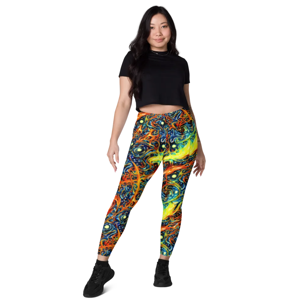 Blue Flame Field on Leggings with Pockets — Front