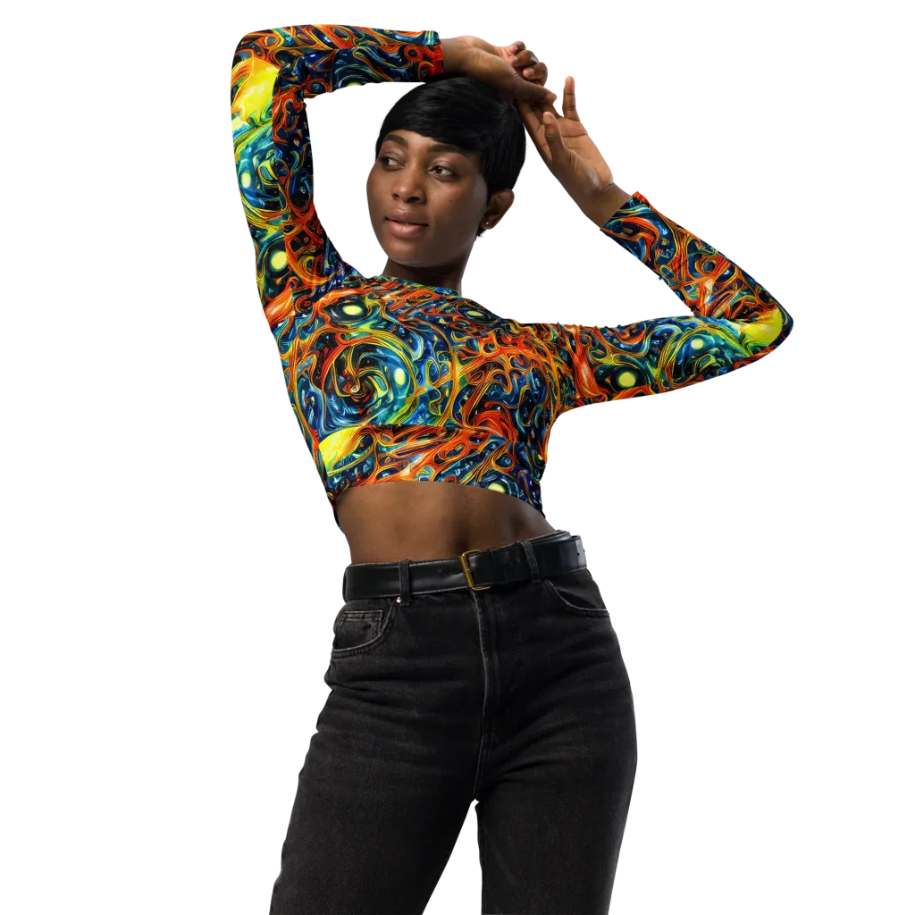 Blue Flame Field on Long Sleeve Crop Top — Front