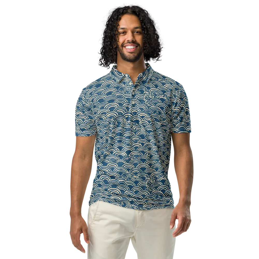 Indigo Seigaiha on Men's Slim Fit Polo Shirt — Front
