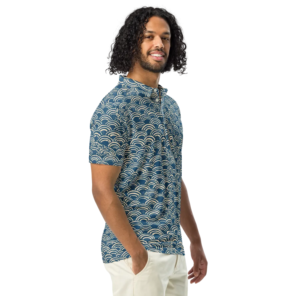 Indigo Seigaiha on Men's Slim Fit Polo Shirt — Right Front