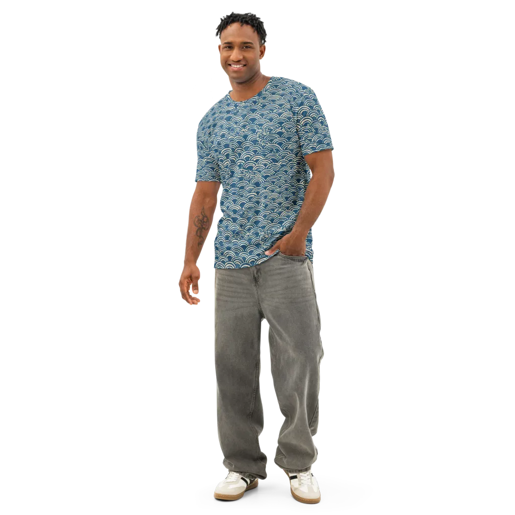 Indigo Seigaiha on Men's Cotton Crew Neck T-Shirt — Front