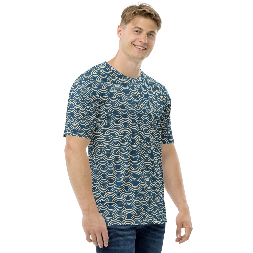 Indigo Seigaiha on Men's Crew Neck T-Shirt — Right