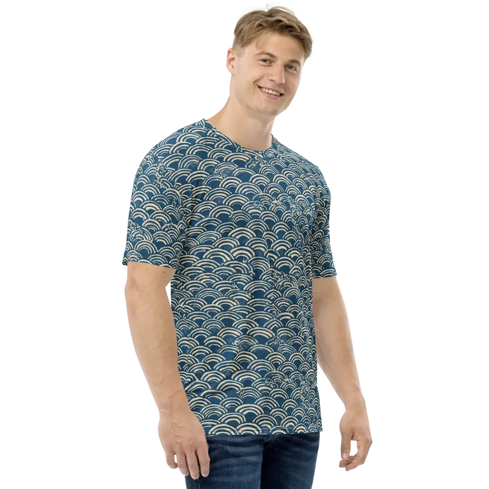 Indigo Seigaiha on Men's Crew Neck T-Shirt — Right