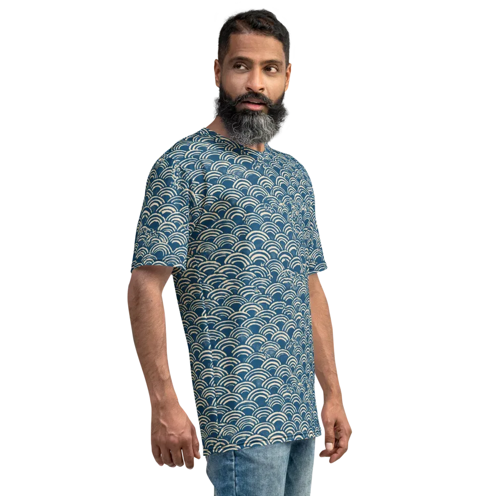 Indigo Seigaiha on Men's Crew Neck T-Shirt — Right
