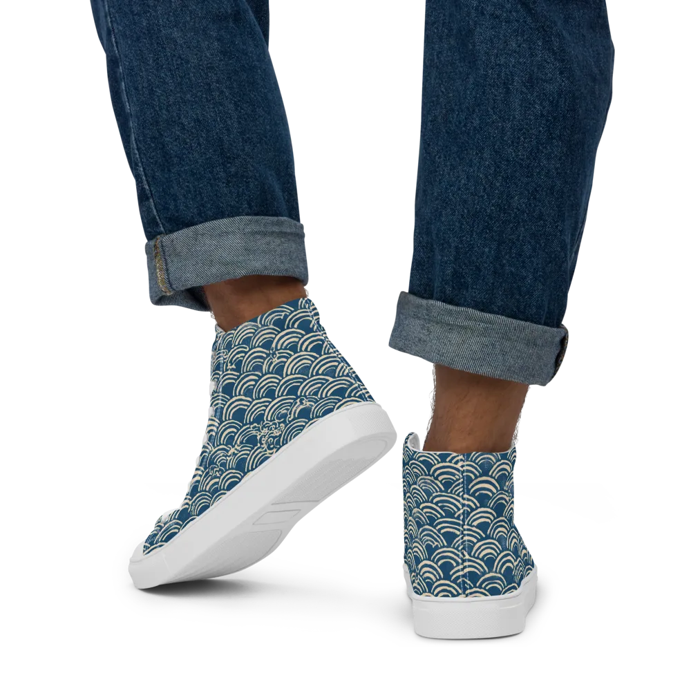Indigo Seigaiha on Men's High Top Canvas Shoes — Back