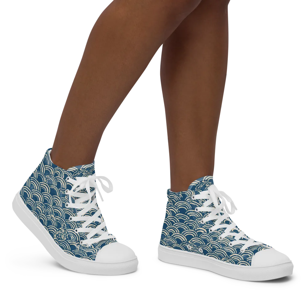 Indigo Seigaiha on Women's High Top Canvas Shoes — Right