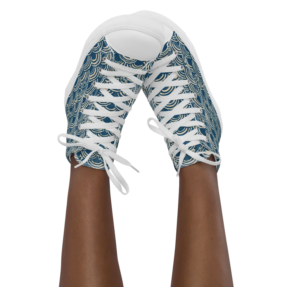 Indigo Seigaiha on Women's High Top Canvas Shoes — Front