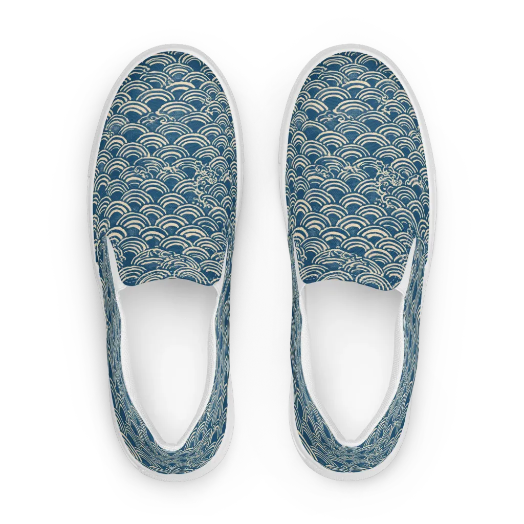 Indigo Seigaiha on Women's Slip-On Canvas Shoes — Front