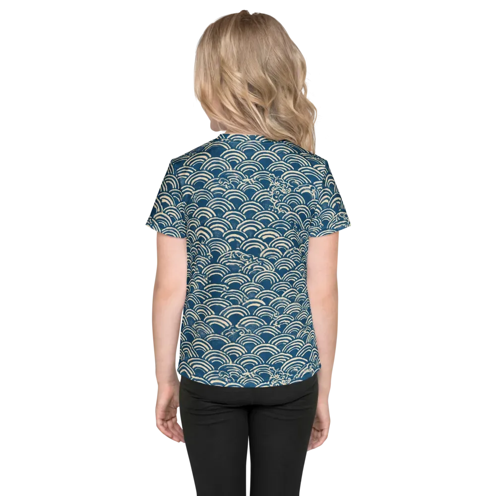 Indigo Seigaiha on Kids Crew Neck T-Shirt — Back