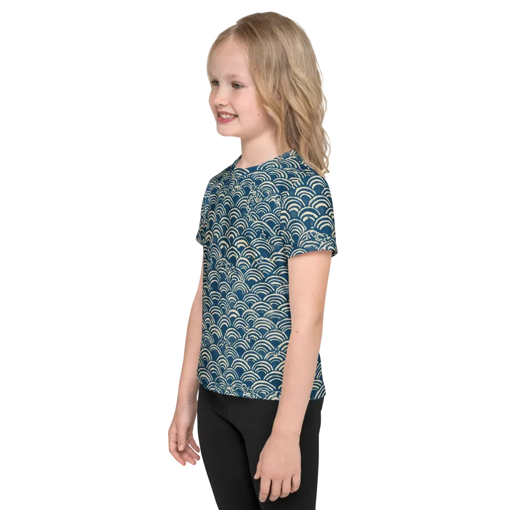 Indigo Seigaiha on Kids Crew Neck T-Shirt — Left