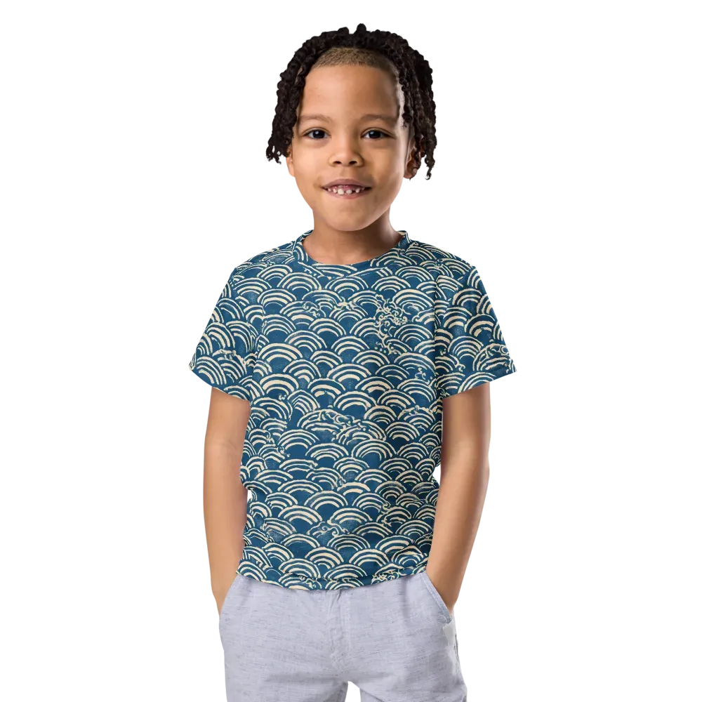 Indigo Seigaiha on Kids Crew Neck T-Shirt — Front