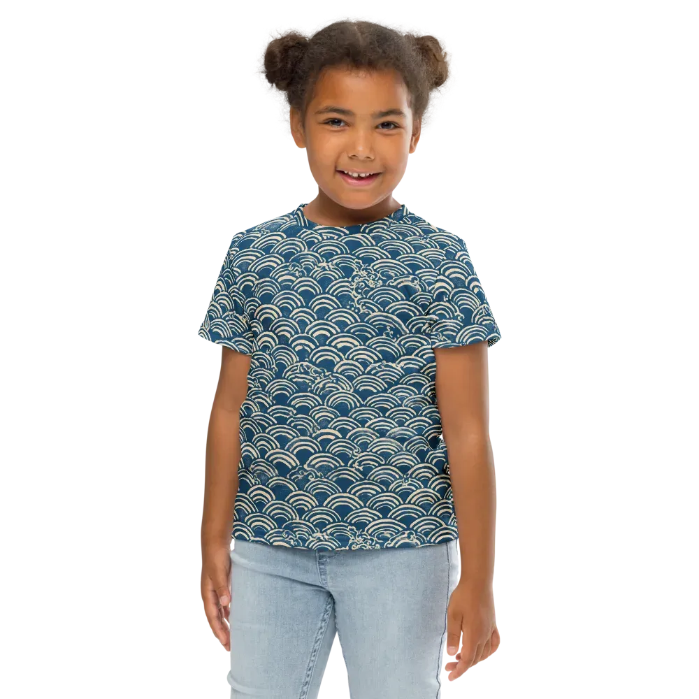 Indigo Seigaiha on Kids Crew Neck T-Shirt — Front