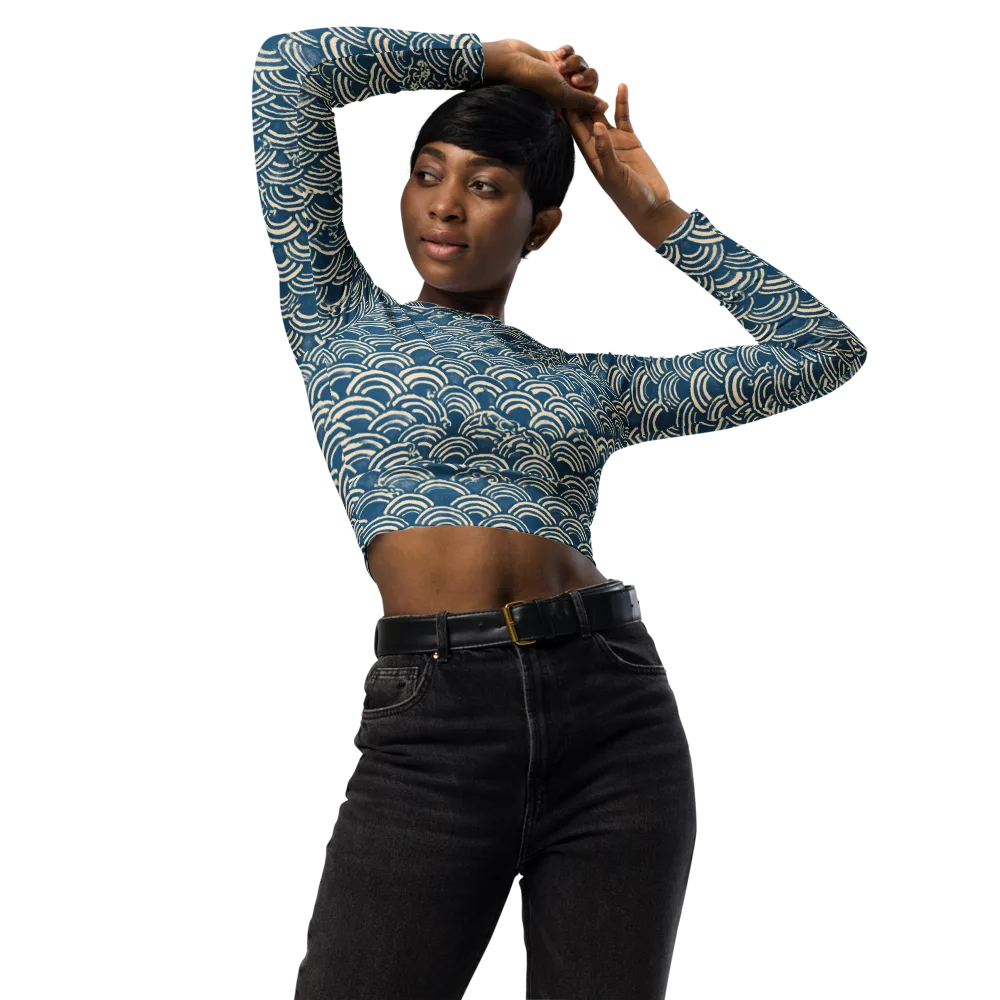 Indigo Seigaiha on Long Sleeve Crop Top — Front