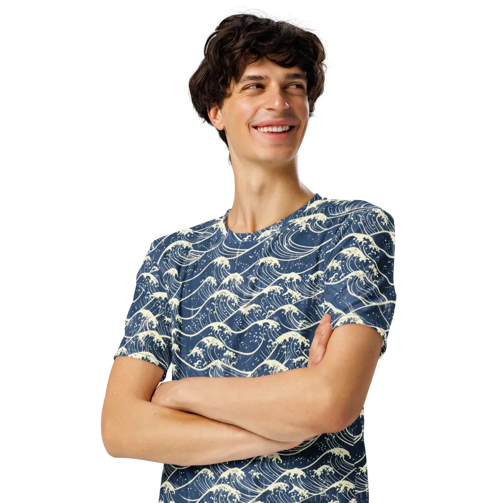 Ukiyo Wave on Men's Crew Neck T-Shirt — Left Front