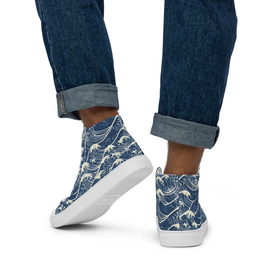 Ukiyo Wave on Men's High Top Canvas Shoes — Back