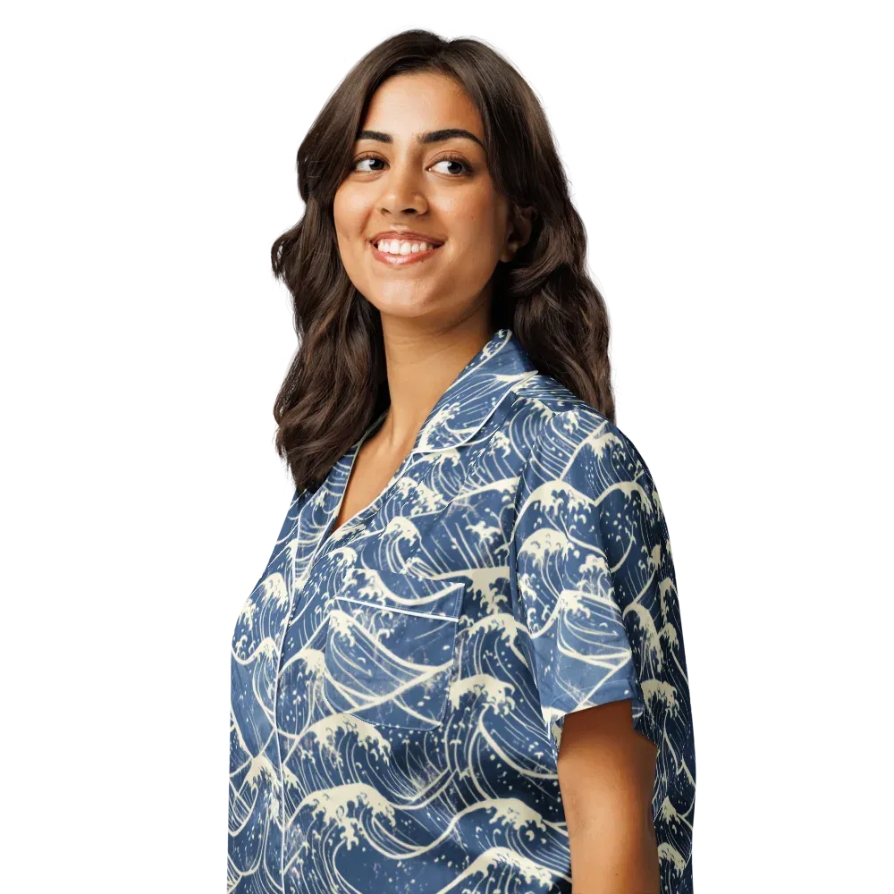 Ukiyo Wave on Women's Short Sleeve Pajama Top — Left Front