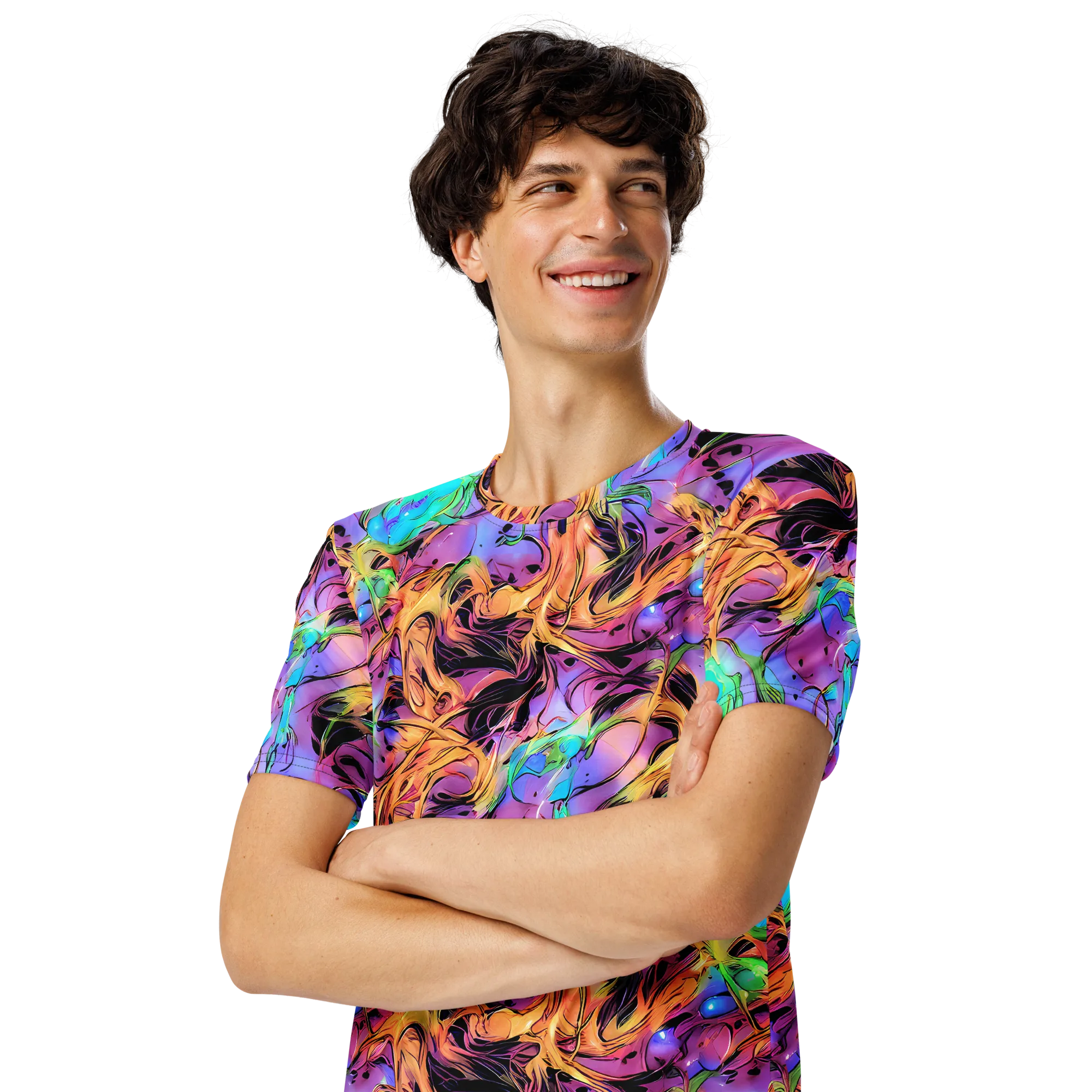 Neon Marigold on Men's Crew Neck T-Shirt — Left Front