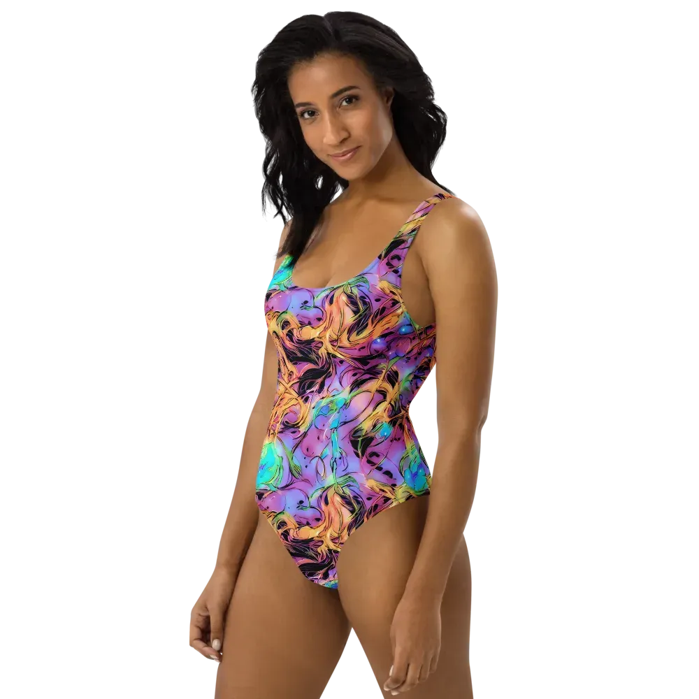 Neon Marigold on One-Piece Swimsuit — Left