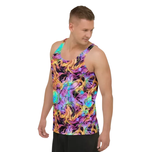 Neon Marigold on a Men's Tank Top