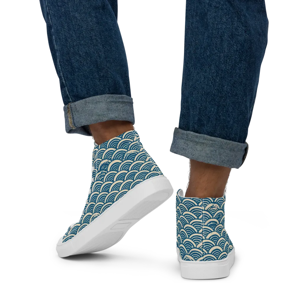 Midnight Wavecrest on Men's High Top Canvas Shoes — Back