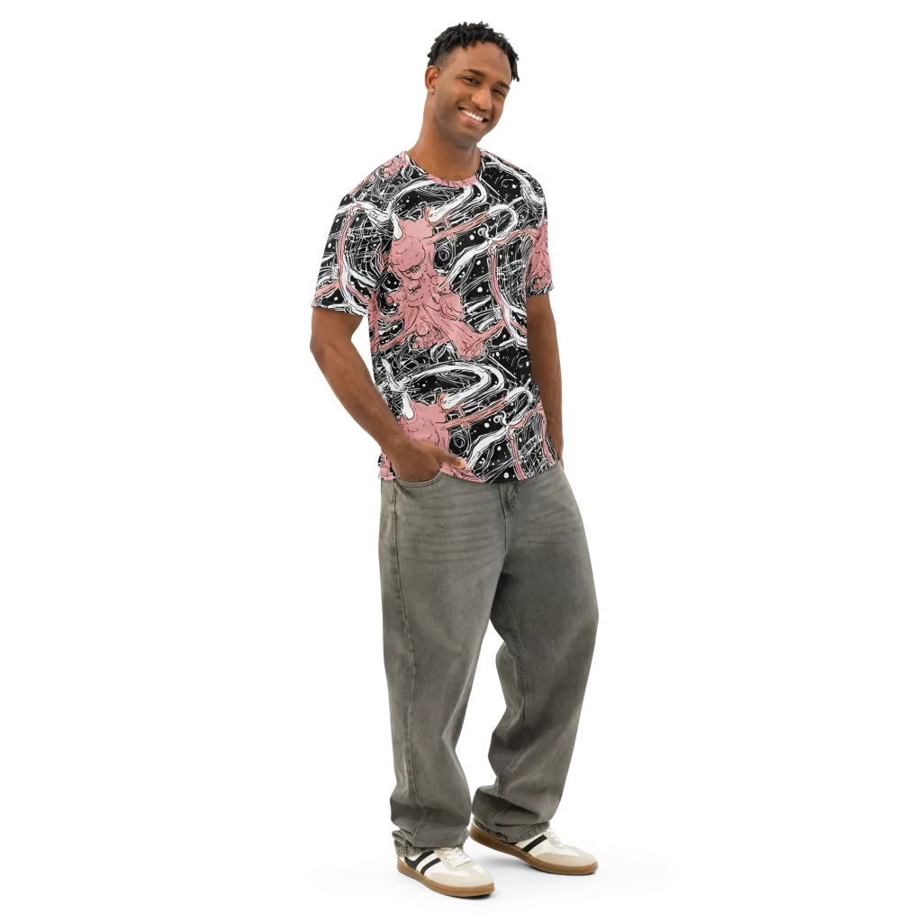 Blush Ink Current on Men's Cotton Crew Neck T-Shirt — Right Front
