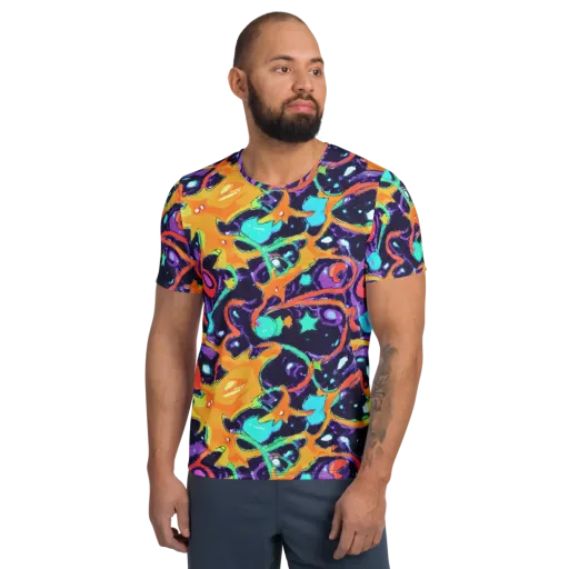 Luminous Fragments on a Men's Athletic T-Shirt