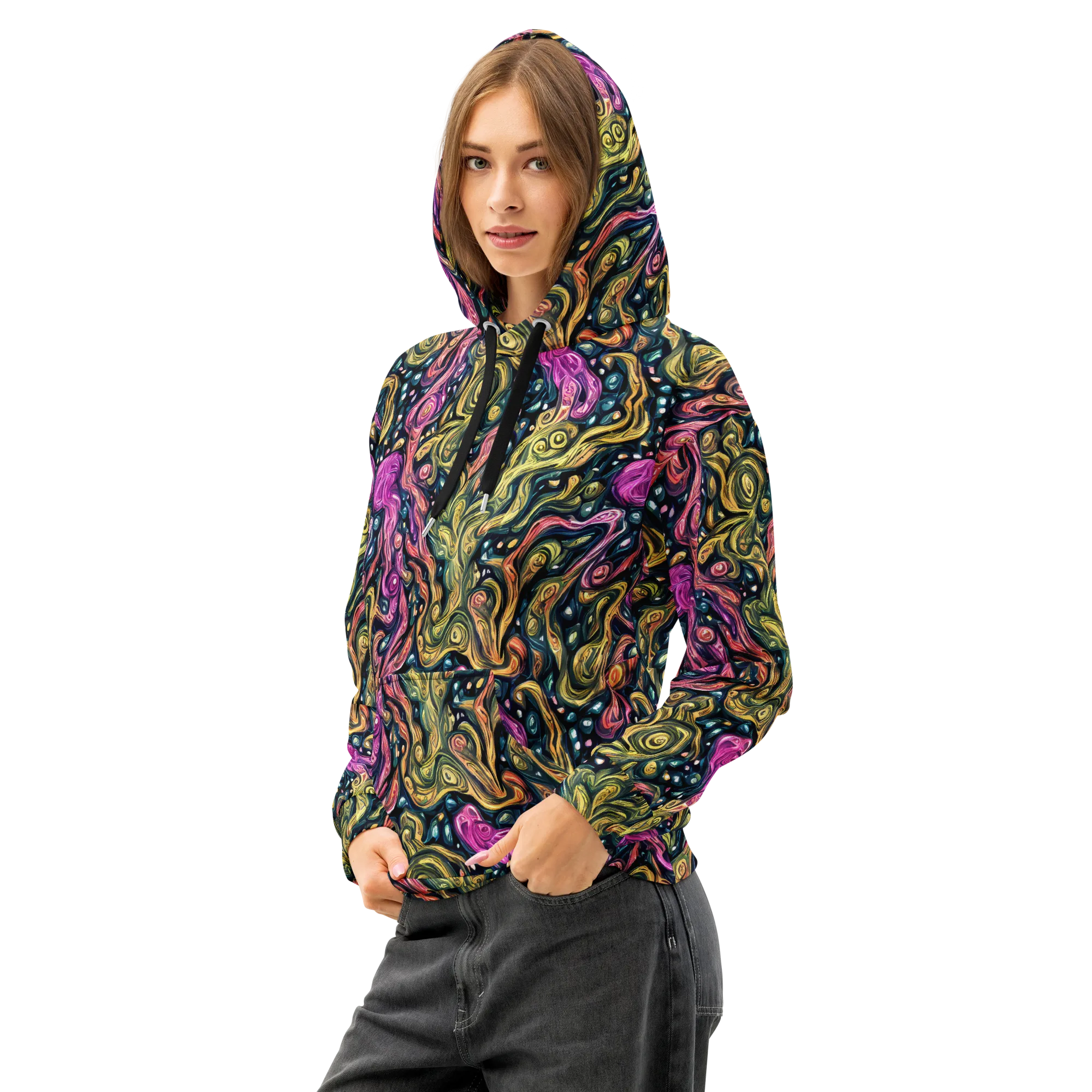 Prismatic Currents on Cotton Hoodie — Left Front
