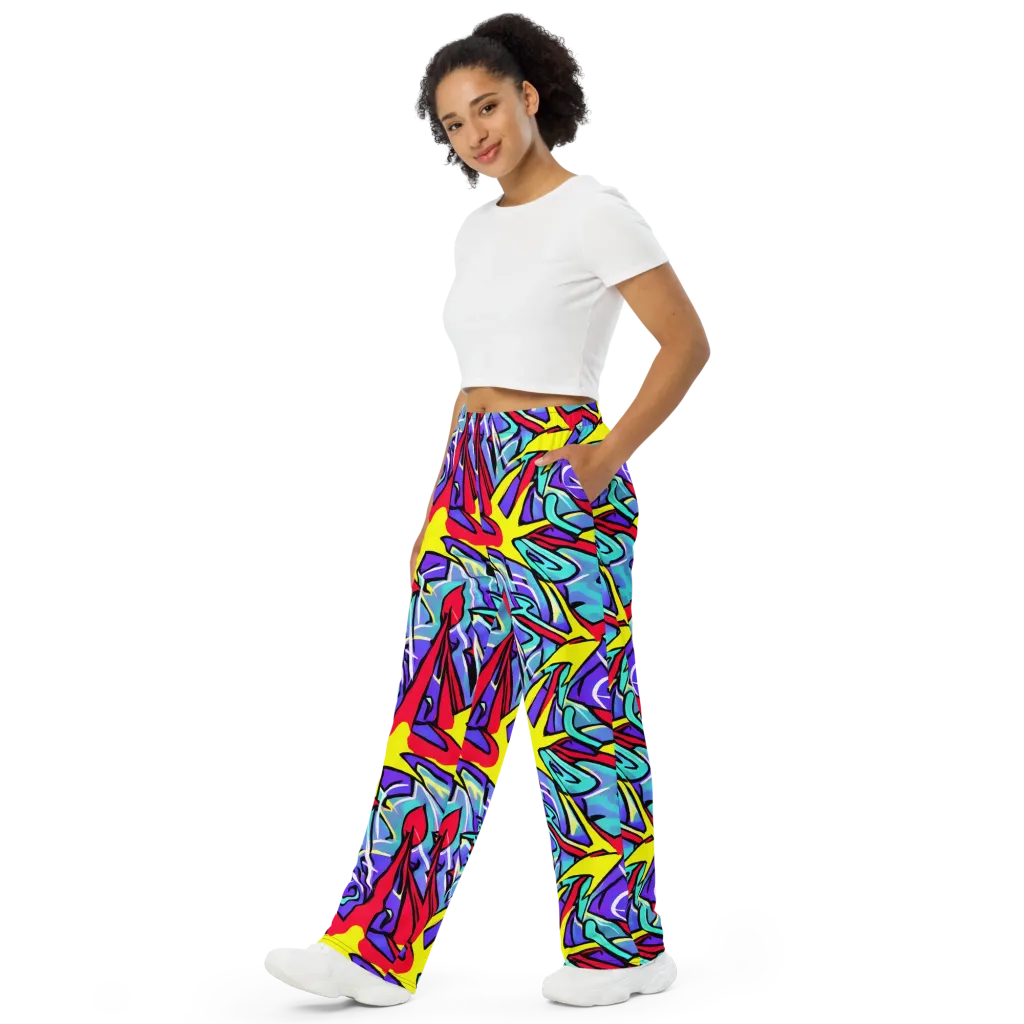 Neon Turbulence on Wide-Leg Pants — Left Front