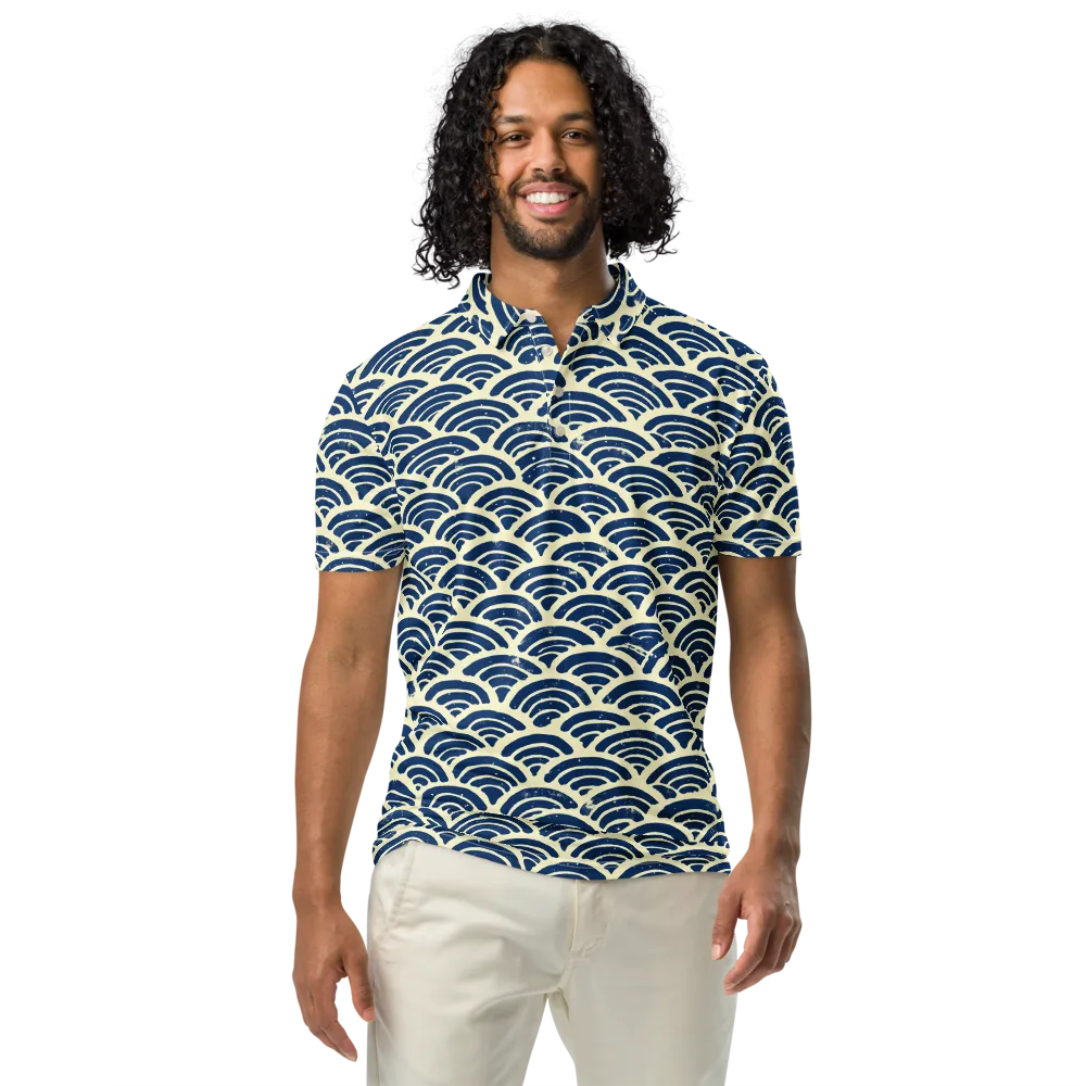 Navy Wave Field on Men's Slim Fit Polo Shirt — Front