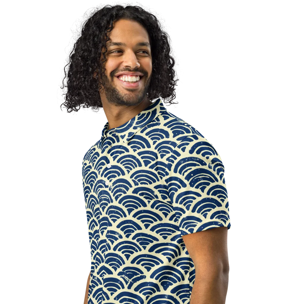 Navy Wave Field on Men's Slim Fit Polo Shirt — Left Front