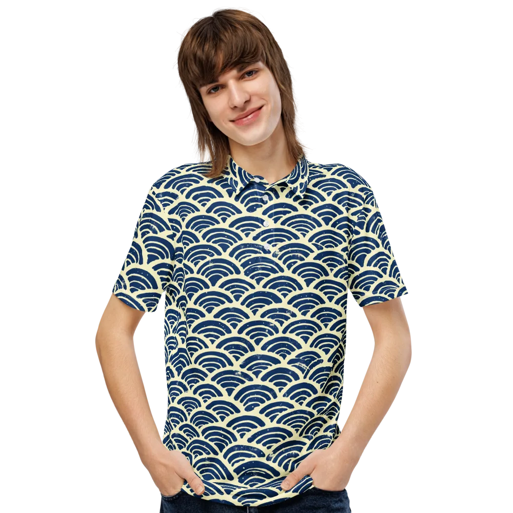 Navy Wave Field on Men's Slim Fit Polo Shirt — Front