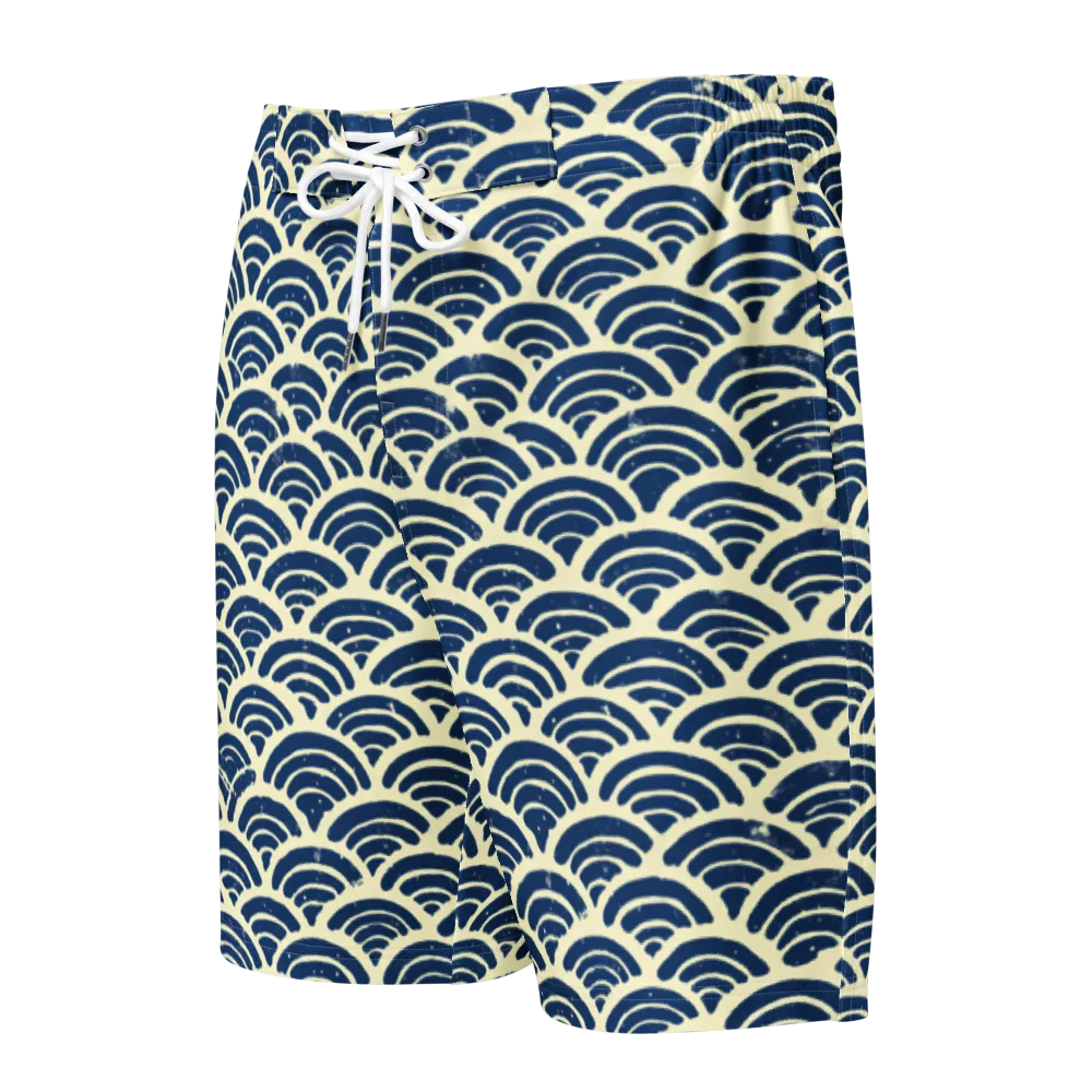 Navy Wave Field on Men's Board Shorts — Front