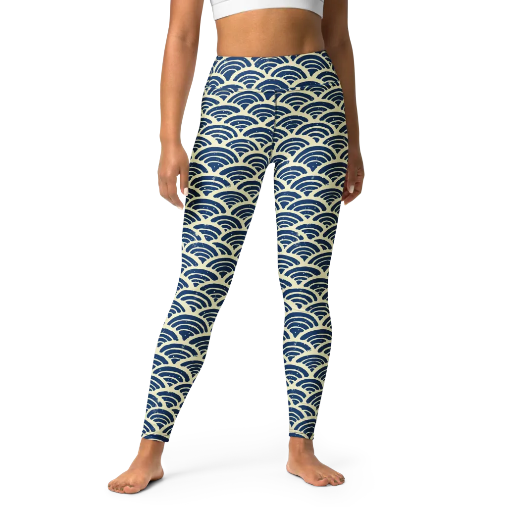Navy Wave Field on Yoga Leggings — Front
