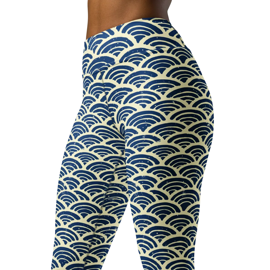 Navy Wave Field on Yoga Leggings — Left Front