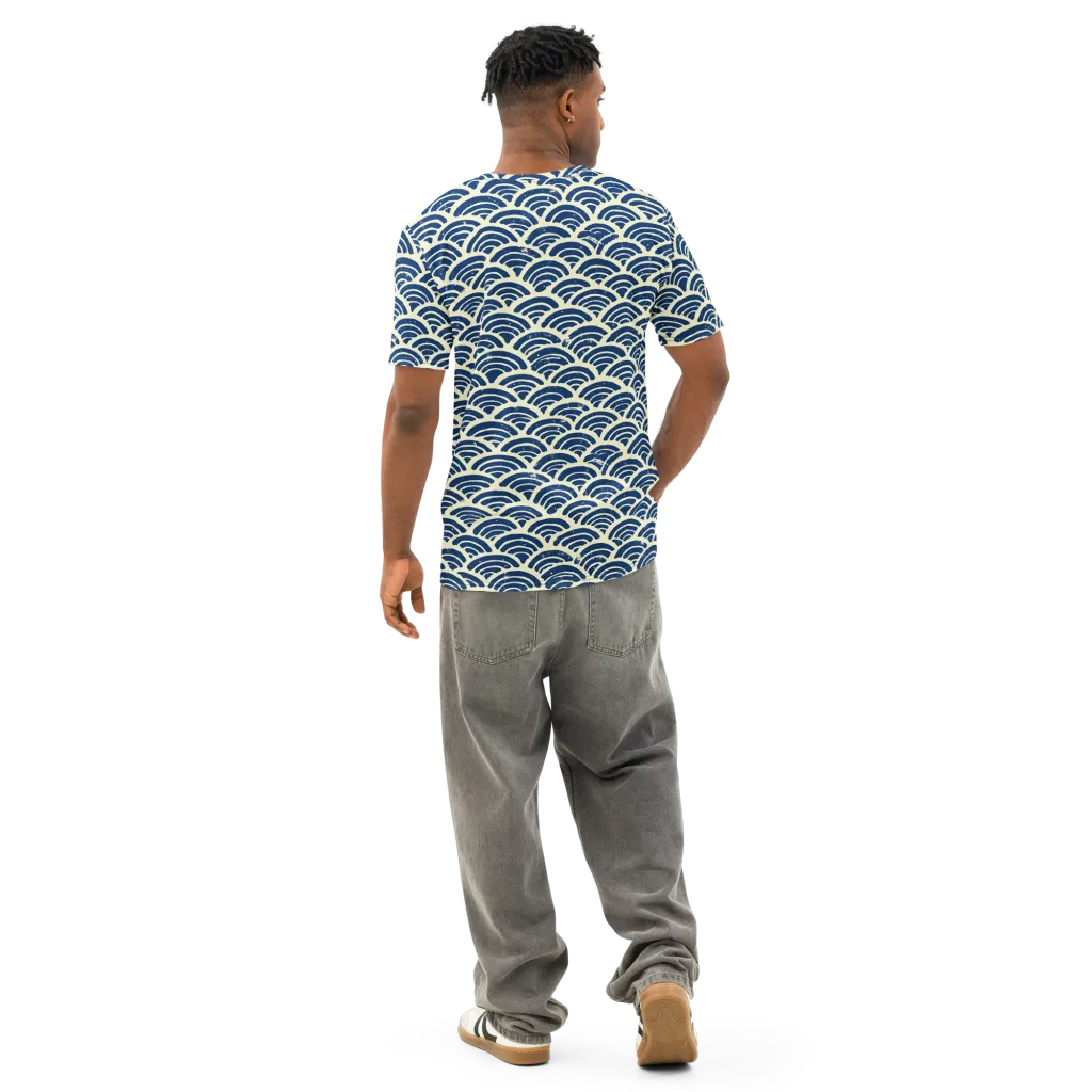 Navy Wave Field on Men's Cotton Crew Neck T-Shirt — Back