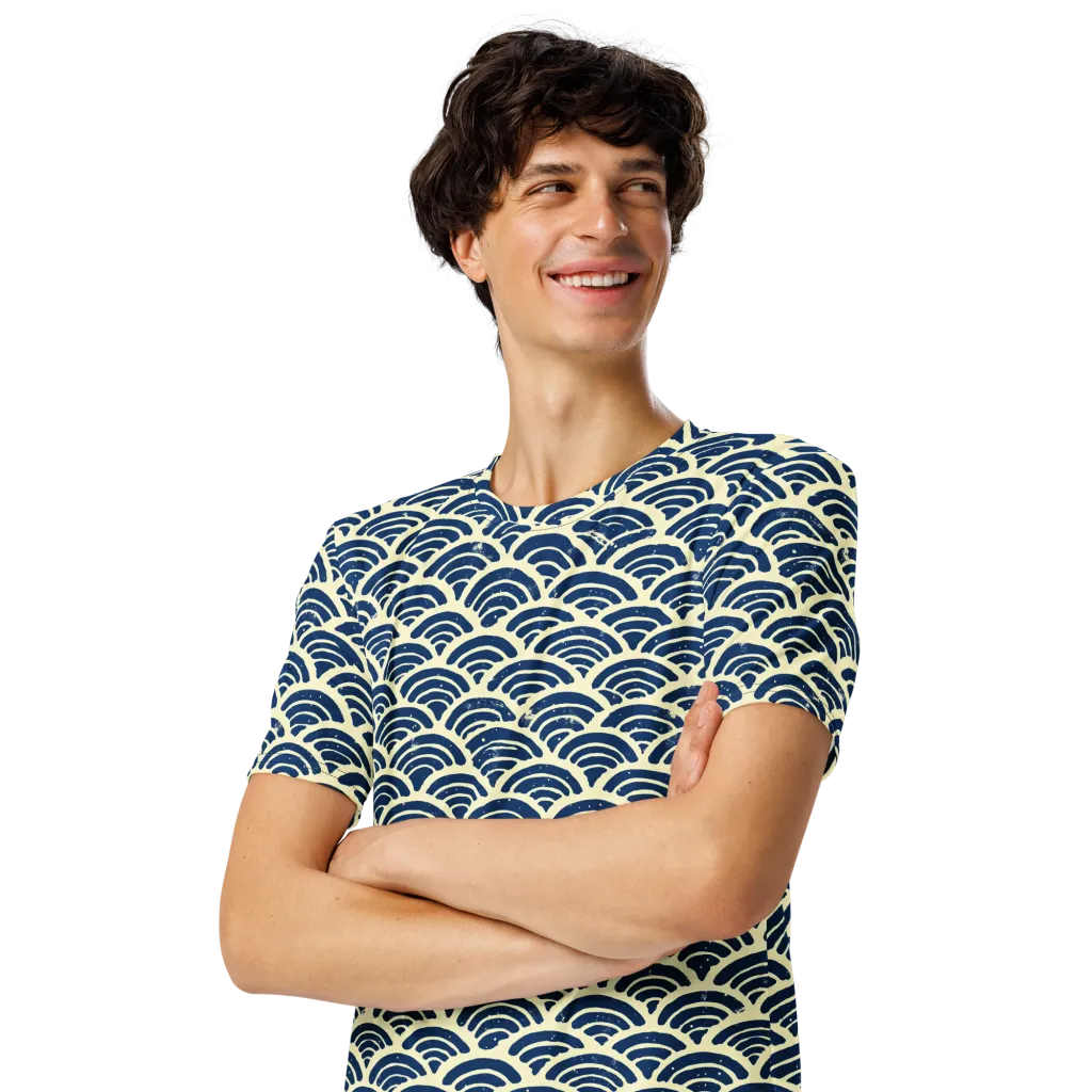 Navy Wave Field on Men's Crew Neck T-Shirt — Left Front