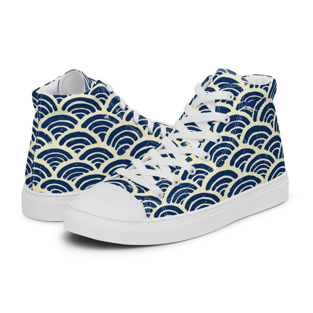 Navy Wave Field on Men's High Top Canvas Shoes — Left