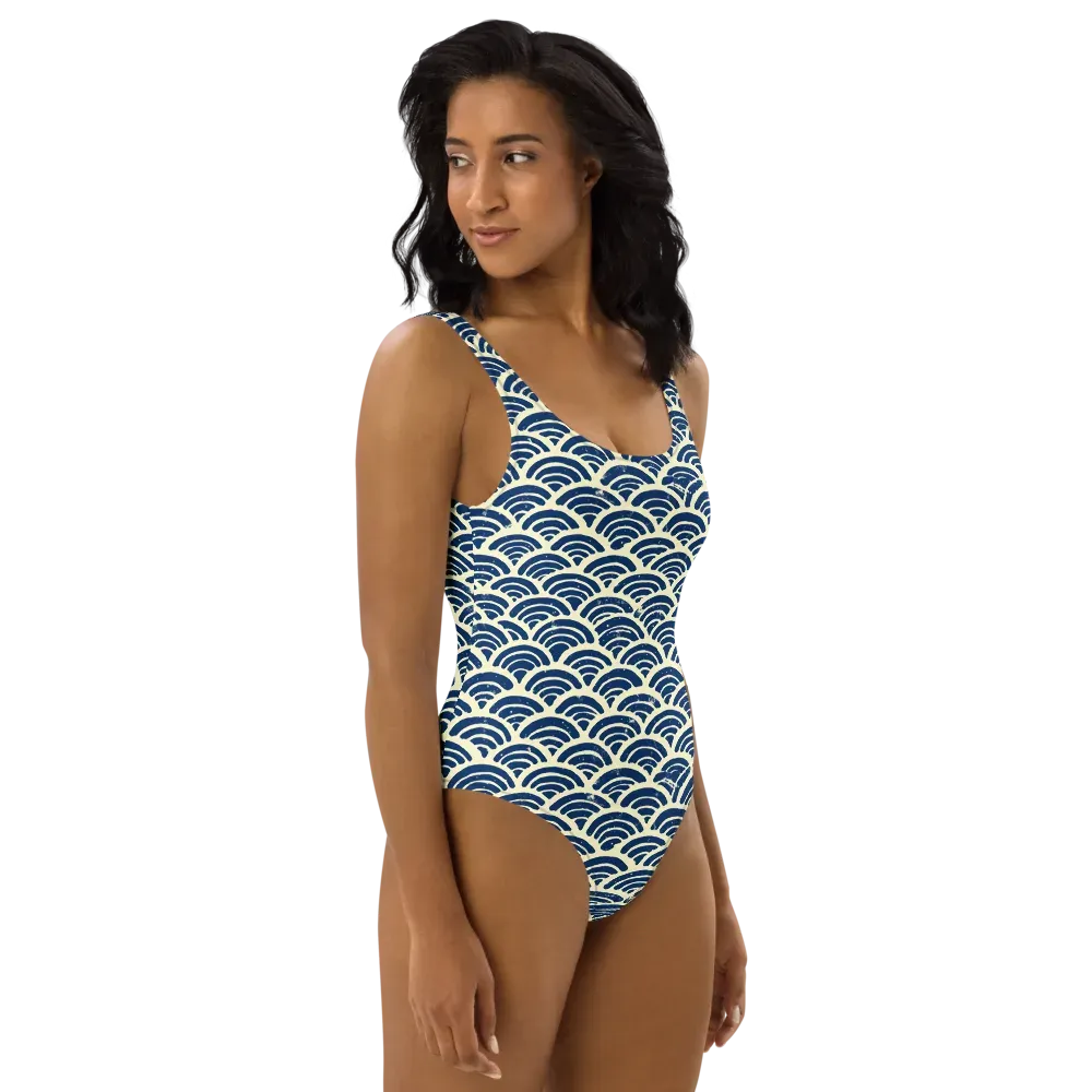 Navy Wave Field on One-Piece Swimsuit — Right