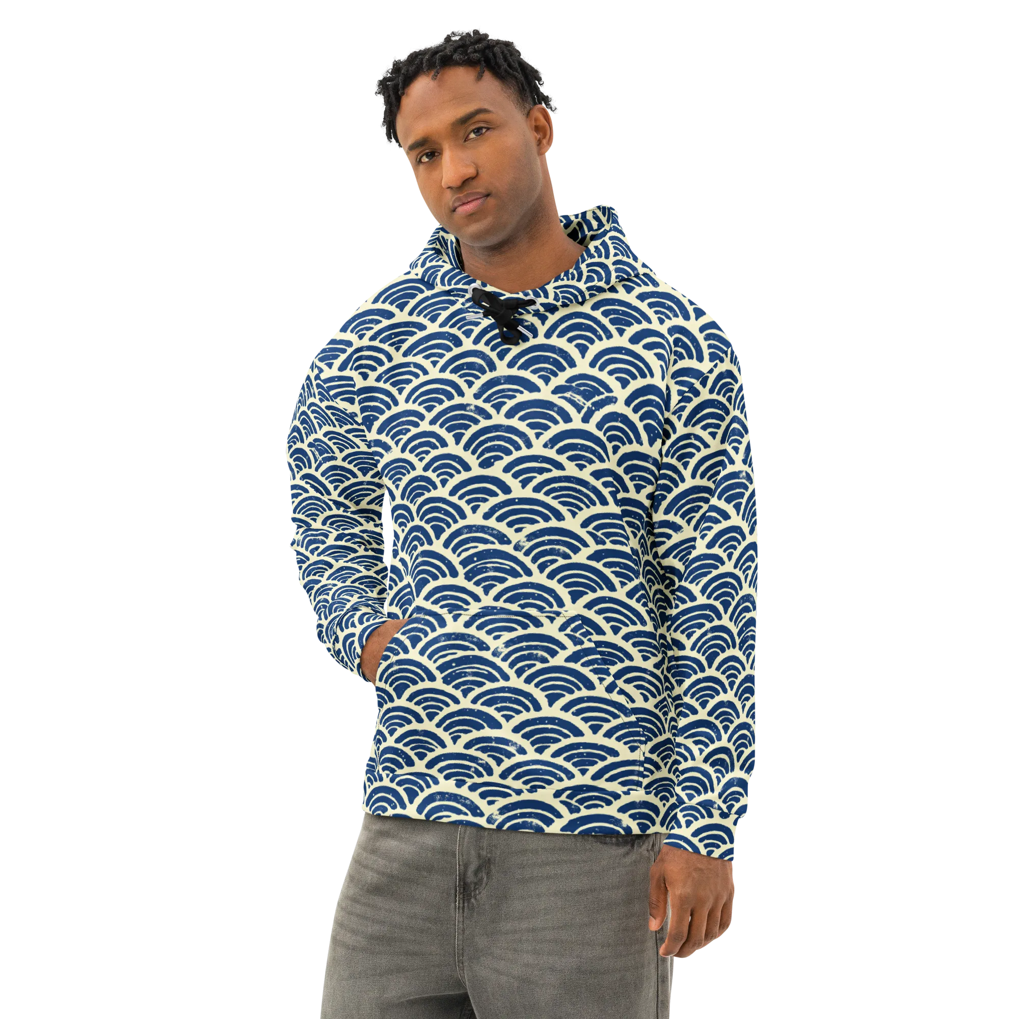 Navy Wave Field on Cotton Hoodie — Left Front