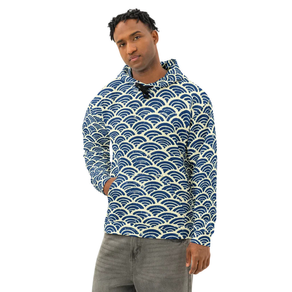 Navy Wave Field on Cotton Hoodie — Left Front