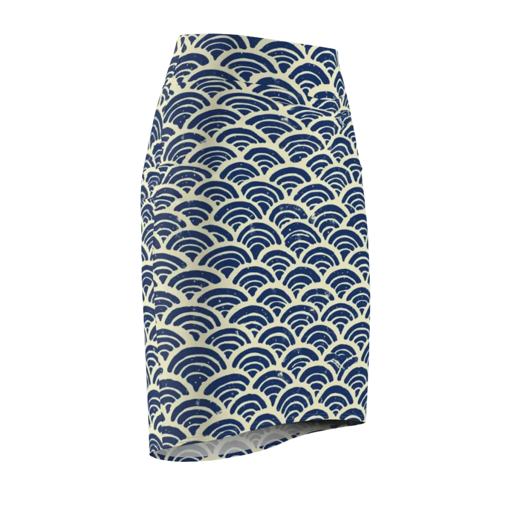 Navy Wave Field on Pencil Skirt — Front Side
