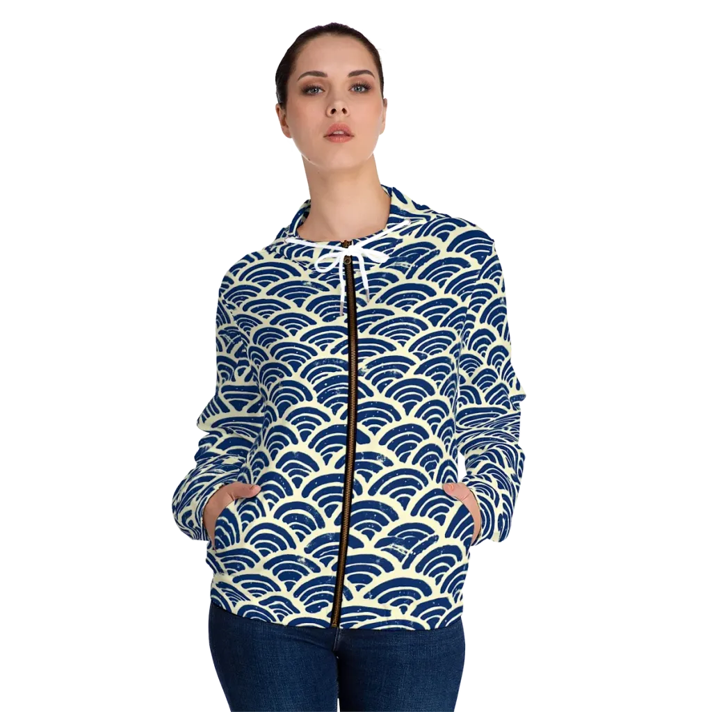 Navy Wave Field on Women's Full-Zip Hoodie — Front On Person