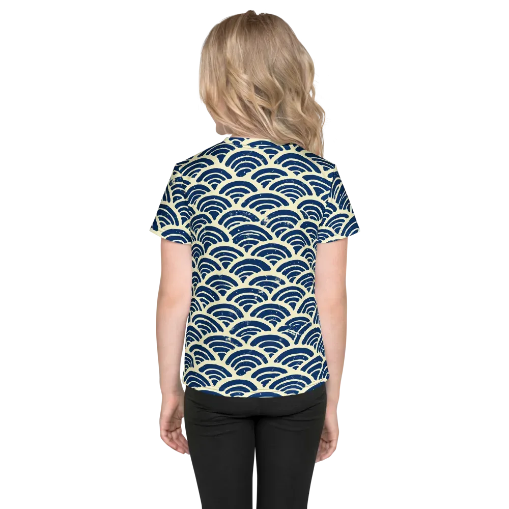Navy Wave Field on Kids Crew Neck T-Shirt — Back