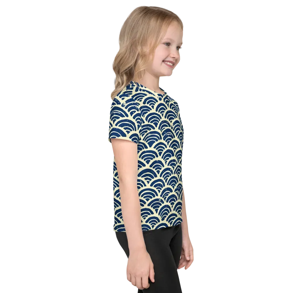 Navy Wave Field on Kids Crew Neck T-Shirt — Right