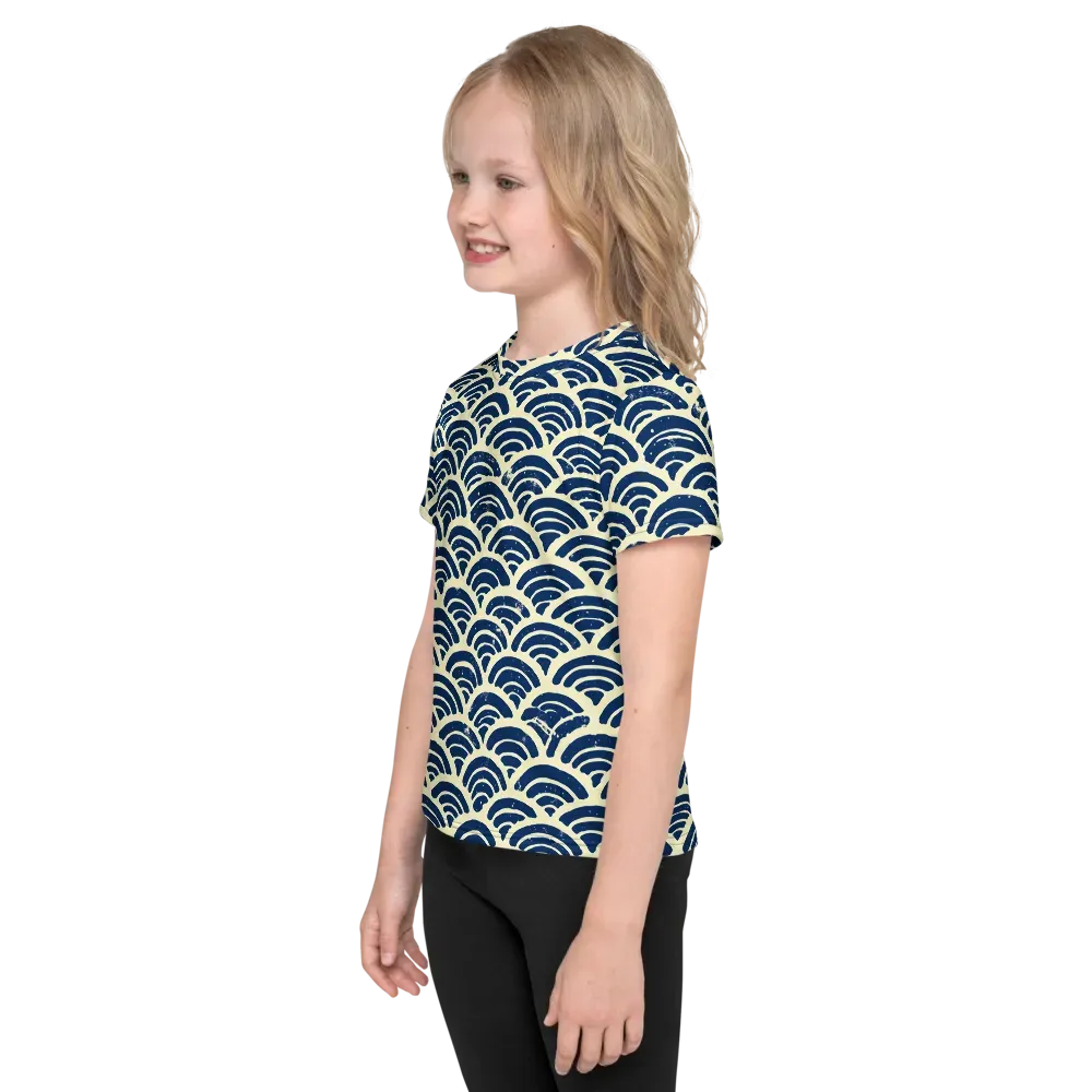 Navy Wave Field on Kids Crew Neck T-Shirt — Left