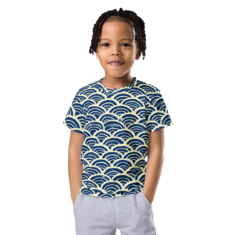 Navy Wave Field on Kids Crew Neck T-Shirt — Front